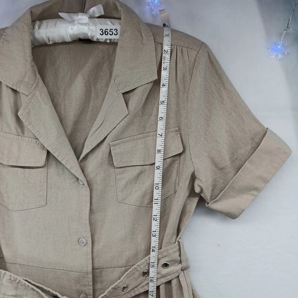 Tahari Linen Explorer Style Button-Up Dress SZ S Belt Pockets Midi Short Sleeve - Picture 14 of 16